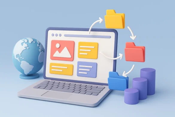 3D Illustration Showing A Laptop With Digital Content Blocks, Folders, And Arrows Symbolizing B2B Content Syndication And File Distribution Workflows.
