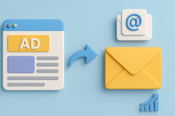 3D Illustration Showing A Programmatic Ad Interface Transitioning Into Email Icons And Envelopes, Representing The Integration Of Digital Ads And Email Campaigns For Improved B2B Lead Generation.