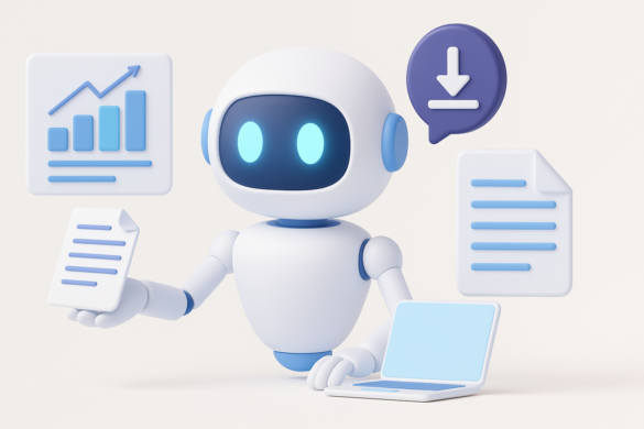 A Friendly 3D Robot Holds A Digital Document While Working At A Laptop, Surrounded By Icons Of Charts, Downloads, And Files—Symbolizing Autonomous Ai Agents Automating Whitepaper Distribution Workflows.