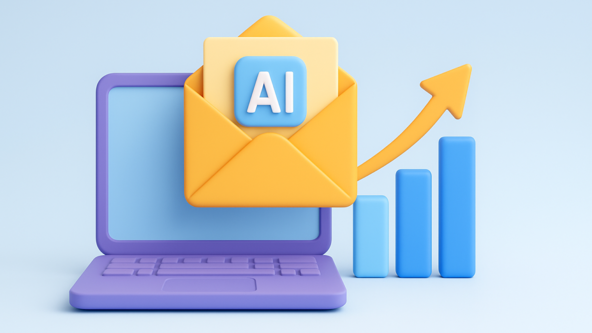 AI email marketing concept with envelope and upward trend graph on laptop, symbolizing enhanced B2B engagement and campaign performance.