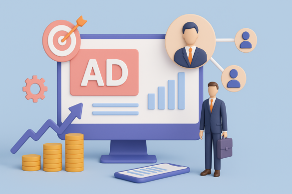 3D Illustration Depicting B2B Programmatic Advertising With Audience Targeting Icons, Automated Ad Display, Growth Charts, And Business Professionals Representing Digital Campaign Optimization And Roi