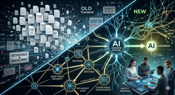 The &Quot;Answer Economy&Quot;: Why B2B Brands In 2026 Are Building Knowledge Graphs, Not Just Content 2 A Technical Diagram Showing An Ai 'Answer Engine' Pulling Data From A Brand'S Knowledge Graph, Highlighting The Shift From A List Of Links To A Single, Authoritative Ai Response Geo