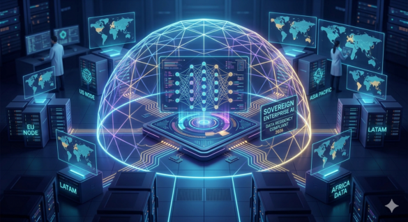 A Dynamic 3D Conceptual Illustration Set In A High-Tech Data Center. A Central, Multi-Layered Digital Interface Representing Sovereign Enterprise Ai