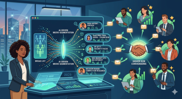 Infographic Showing A Marketing Professional Using An Ai-Driven Dashboard To Split A Broad B2B Email List Into Micro-Segments Based On High-Intent Signals, Industry, And Behavior To Drive Higher Conversion Rates