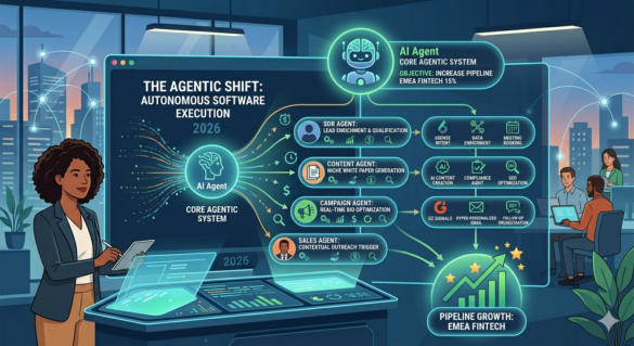 A Conceptual 3D Render Of Interconnected Ai Agents Represented As Glowing Nodes, Orchestrating A B2B Sales Funnel With Real-Time Data Streams And &Quot;Share Of Llm&Quot; Metrics Visible On A Holographic Interface.