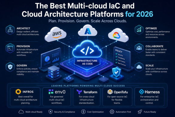 Futuristic Multi-Cloud Infrastructure Illustration Showing Infrastructure As Code At The Center Connecting Aws, Azure, And Google Cloud, With Icons For Provisioning, Governance, Scaling, And Leading Iac Platforms Like Infros, Env0, Terraform, Opentofu, And Harness