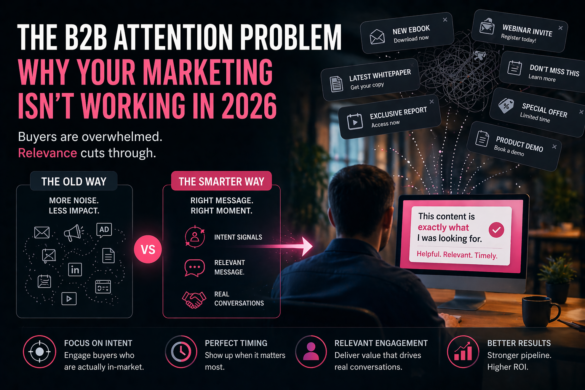 B2B Marketing Attention Problem Visual Comparing Noisy Traditional Marketing With Intent-Driven, Relevant Engagement Leading To Better Results.