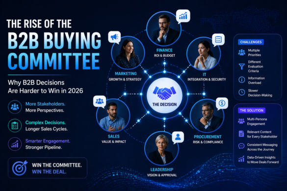 Illustration Of Multiple Business Stakeholders Connected Around A Central Decision Hub, Representing Collaborative B2B Buying Committees And Complex Decision-Making Processes.