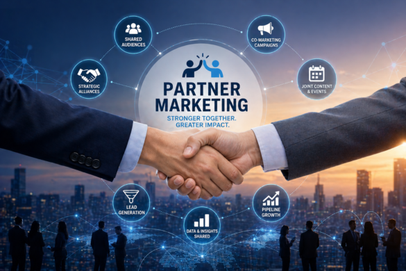 Two Businesses Collaborating Through Digital Networks Representing Partner Marketing And B2B Growth