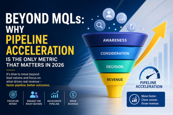 B2B Marketing Infographic Showing A Funnel From Awareness To Revenue With A Rising Arrow, Highlighting Pipeline Acceleration Over Mql