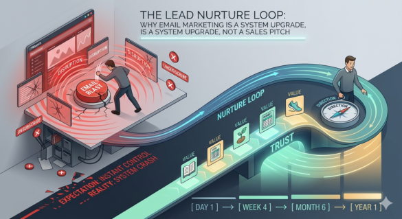 An Isometric Comparison Of 'Email Marketing' Causing System Disruption Versus 'The Lead Nurture Loop' Building A Glowing Trust Bridge Through Value-Based Packets And Consistent Direction