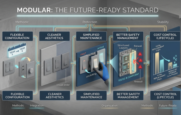An Isometric 3D Visualization That Illustrates The Strategic Benefits Of Modular Switches And Sockets, Set Within A Cross-Section Of A Modern Office Wall