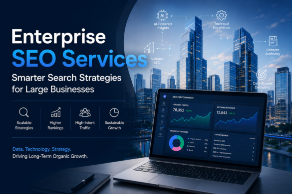 Modern Enterprise Seo Illustration Showing Ai-Driven Search Optimization, Technical Seo Analytics, And Scalable Digital Marketing Strategies For Large Businesses.