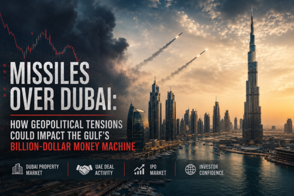 Dubai Skyline With Financial District Visuals And Geopolitical Tension Symbolism Representing Investor Uncertainty In Gulf Markets.