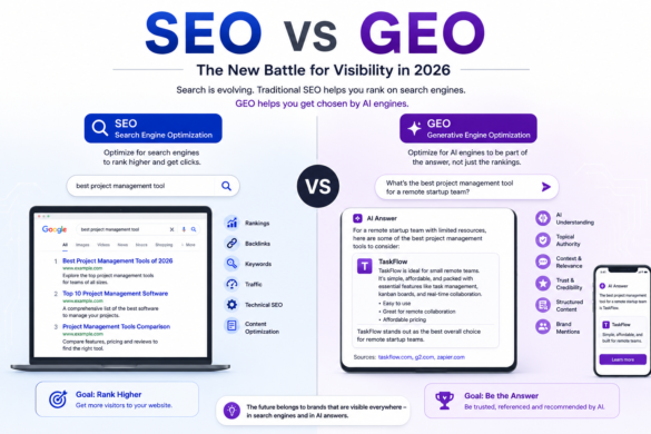 Digital Illustration Comparing Traditional Seo Search Engines With Ai-Powered Generative Search Platforms And Conversational Search Experiences.