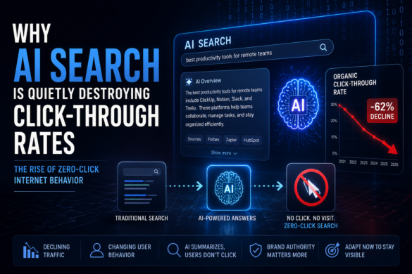 Futuristic Ai Search Interface Showing Declining Website Clicks And Conversational Answer Engines Replacing Traditional Search Behavior.