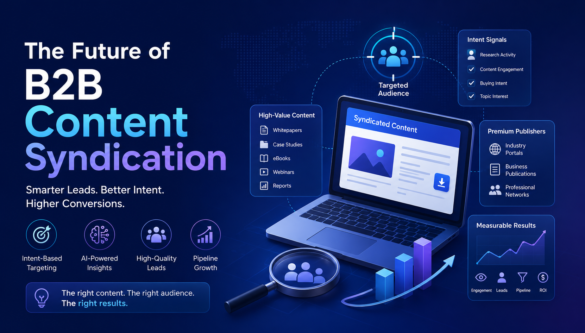 Digital Illustration Showing Ai-Powered B2B Content Syndication And Lead Generation Dashboard With Marketers Analyzing Audience Intent Data.