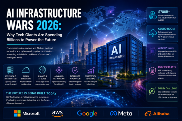Futuristic Ai Infrastructure Illustration Showing Global Data Centers, Cloud Computing Networks, Cybersecurity Systems, And Ai-Powered Digital Technology.