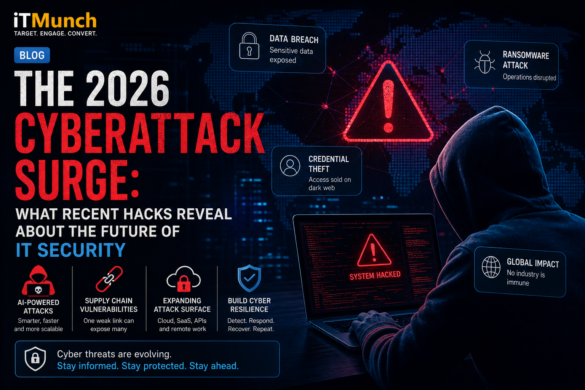 Cybersecurity Infographic Showing A Hooded Hacker At A Laptop With “System Hacked” Warning, Highlighting 2026 Cyberattack Trends Like Ai-Powered Threats, Data Breaches, And Supply Chain Vulnerabilities.