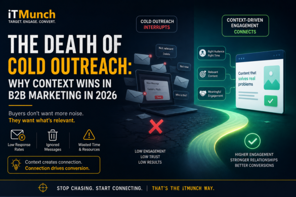 B2B Marketing Banner Contrasting Cold Outreach With Context-Driven Engagement, Showing Ignored Emails On One Side And Relevant Content Driving Higher Engagement And Conversions On The Other.