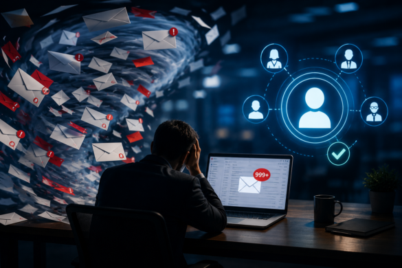 The Hidden Cost Of Ignored Emails: Why B2B Email Marketing Is Entering An Attention Crisis 2 B2B Email Marketing Visualization Featuring An Overloaded Inbox, Incoming Email Notifications, And Audience Targeting Graphics Illustrating The Growing Email Attention Crisis.
