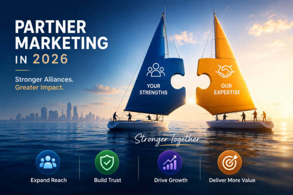 Partner Marketing Services Illustrated Through Two Sailboats With Interlocking Puzzle-Piece Sails, Symbolizing Strategic Partnerships And Collaborative B2B Growth