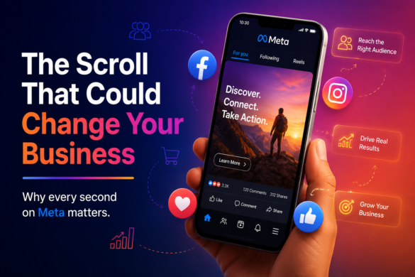 Meta Advertising Services Illustration Showing A Smartphone Displaying Social Media Ads, Audience Targeting, Engagement, And Business Growth Opportunities On Facebook And Instagram.