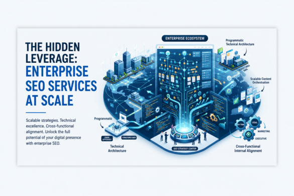 Infographic Illustrating Enterprise Seo Services At Scale, Featuring Technical Architecture, Scalable Content Orchestration, And Cross-Functional Collaboration For Large Businesses.