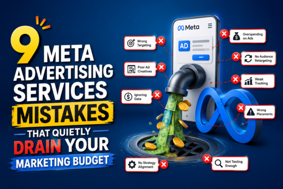 9 Meta Advertising Services Mistakes That Quietly Drain Your Marketing Budget 1 Illustration Of Meta Advertising Mistakes Causing Marketing Budget Waste, Featuring A Meta Ads Dashboard, Money Flowing Into A Drain, And Common Paid Advertising Errors.