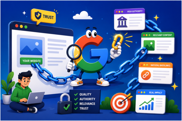 Colorful Cartoon Illustration Of Modern Backlink Services Featuring Website Links, Authority Signals, Trust Badges, Seo Analytics, And Quality Backlinks That Reflect Google'S Current Ranking Factors.