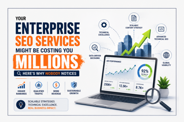 Illustration Of Enterprise Seo Services Showing Ai-Powered Optimization, Technical Seo, Website Growth, And Improved Search Rankings For Large Businesses.