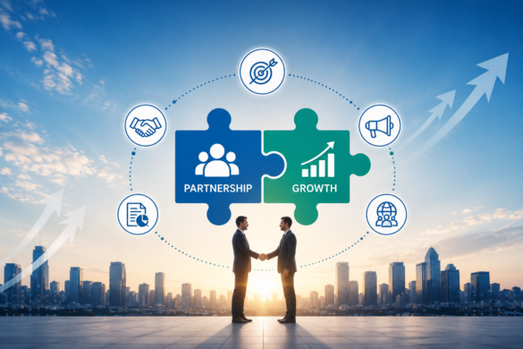 Business Professionals Collaborating On A Partner Marketing Strategy To Improve Lead Generation, Content Distribution, And B2B Growth.