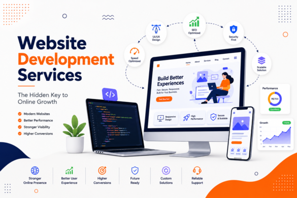 Website Development Services Illustration Featuring Responsive Web Design, Ui/Ux, Coding, Seo Optimization, Cybersecurity, And Business Growth Across Desktop And Mobile Devices.