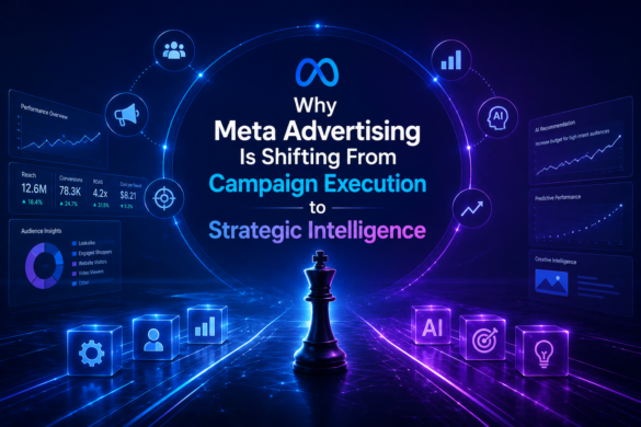 Futuristic Meta Advertising Strategy Illustration With Ai Analytics.