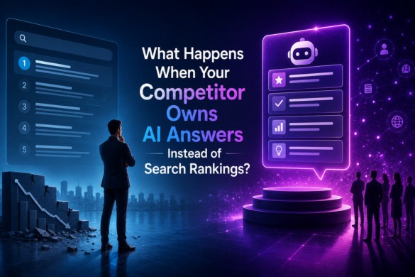 Enterprise Seo Meets Ai Search In A Futuristic Digital Illustration.