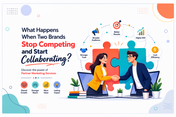 Cartoon-Style Illustration Of Two Business Professionals Collaborating Through Partner Marketing Services, Symbolizing Strategic Brand Partnerships, Shared Growth, And Business Success.