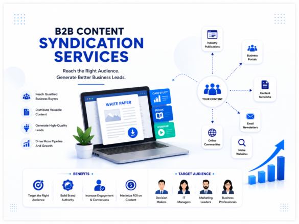 Modern Illustration Of B2B Content Syndication Services Showing Content Distribution, Lead Generation, Audience Targeting, And Business Buyers Connected Through Digital Marketing Channels.