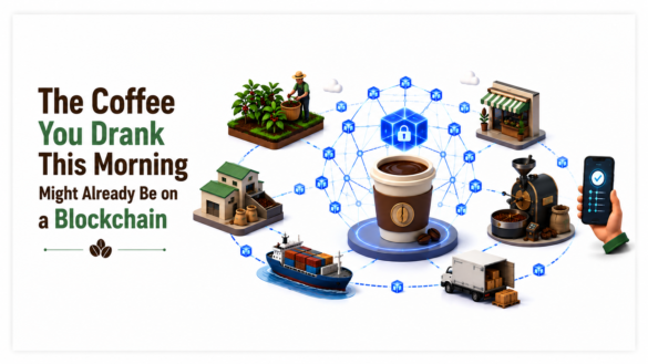Coffee Supply Chain Visualized With Blockchain Technology Showing Farm-To-Cup Traceability, Transparency, And Secure Digital Records.