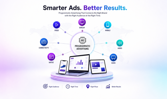 Smarter Ads Better Results Infographic Showing Ai-Powered Programmatic Advertising Across Video, Display, Mobile, Audio, Ctv, Native, And Dooh Channels.