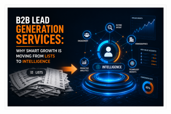Positive B2B Lead Generation Services: Why Smart Growth Is Moving From Lists To Intelligence 1 B2B Lead Generation Services Graphic Showing The Shift From Traditional Lead Lists To Ai-Powered Intelligence, With Buying Intent, Predictive Analytics, Firmographics, Technology Insights, And Pipeline Growth.