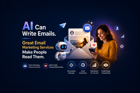 Ai Can Write Emails. Great Email Marketing Services Make People Read Them. 5 Creative Illustration Showing Ai-Generated Email Marketing Alongside Human-Centered Email Marketing Services, Highlighting Personalization, Engagement, And Customer Connection.