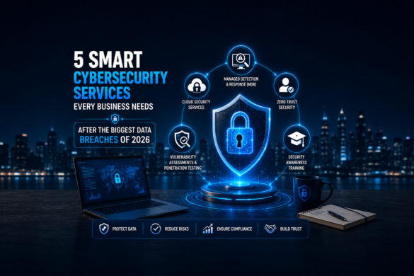 Futuristic Illustration Of Cybersecurity Services Featuring A Digital Shield, Ai-Powered Threat Detection, Cloud Security, Zero Trust Security, And Data Protection For Businesses In 2026.