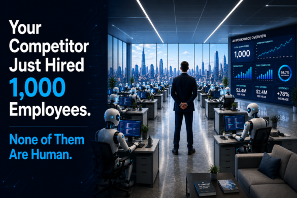 Futuristic Office Filled With Ai-Powered Digital Workers And Humanoid Robots, Illustrating How Ai Agent Services Are Transforming Business Operations In 2026.