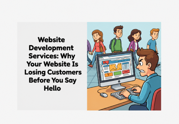 Cartoon Illustration Of A Frustrated Business Owner Looking At A Poorly Performing Website While Potential Customers Walk Away, Representing The Importance Of Professional Website Development Services.