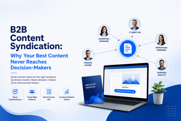 Professional Illustration Of B2B Content Syndication Showing A Whitepaper Distributed To Decision-Makers Including Marketing Managers, It Directors, Finance Leaders, Operations Managers, And Business Analysts Through Targeted Content Distribution.