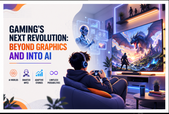 The Exciting Next Gaming Revolution May Have Nothing To Do With Better Graphics 1 Ai-Powered Gaming Concept Showing A Player Using A Controller While An Intelligent Gaming World, Futuristic Ai Interface, And Fantasy Game Environment Appear On Screen.
