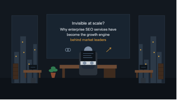 Illustration Of An Iceberg Representing Enterprise Seo, With A Visible Corporate Building Above Water And A Hidden Ai-Powered Technical Seo Infrastructure Below The Surface, Symbolizing The Unseen Strategies Driving Enterprise Search Visibility And Business Growth.