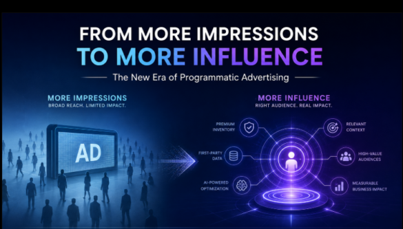 Illustration Comparing Traditional Programmatic Advertising Focused On Impressions With Modern Audience-Centric Advertising Focused On Influence, Relevance, Ai-Powered Optimization, First-Party Data, And Measurable Business Impact.