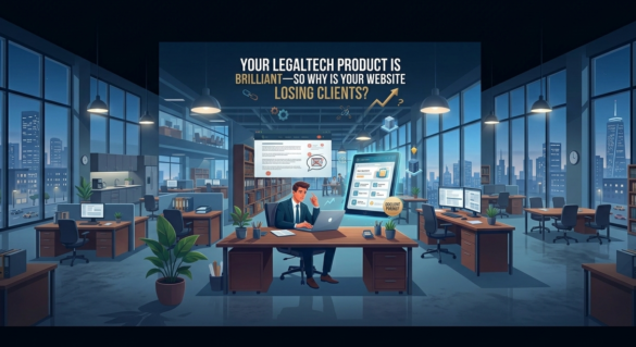 A Modern Legaltech Marketing Illustration Showing A Professional Looking At A Poorly Converting Website Beside A Successful Legaltech Product Dashboard. The Image Highlights The Challenge Of Turning Website Visitors Into Qualified Legal Clients With The Headline: &Quot;Your Legaltech Product Is Brilliant—So Why Is Your Website Losing Clients?&Quot;