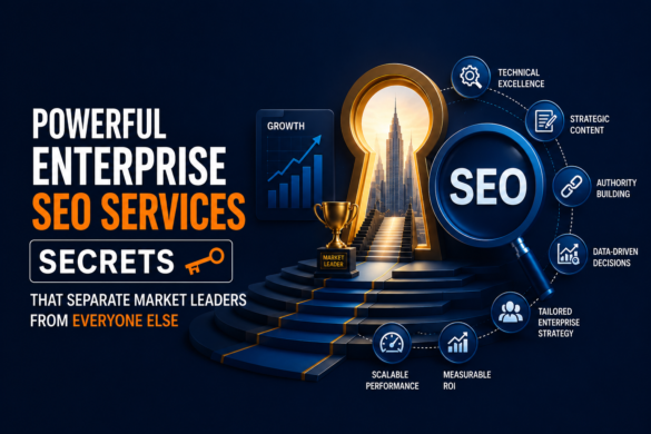 A Modern Blog Banner Featuring The Headline &Quot;Powerful Enterprise Seo Services Secrets That Separate Market Leaders From Everyone Else&Quot; Alongside A Glowing Keyhole Leading To A Futuristic City, A Large Seo Magnifying Glass, A Market Leader Trophy, Growth Analytics, And Enterprise Seo Strategy Icons Representing Technical Excellence, Strategic Content, Authority Building, Scalable Performance, Measurable Roi, And Data-Driven Optimization.